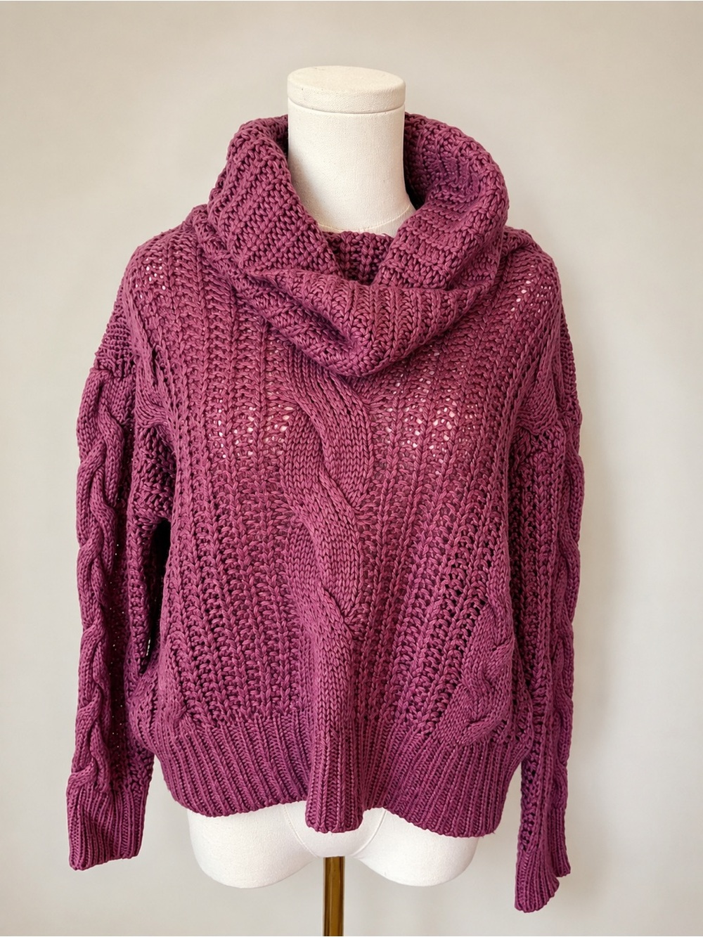 Mauve Oversized Cable Knit Cowl Neck Chunky Open Weave Sweater